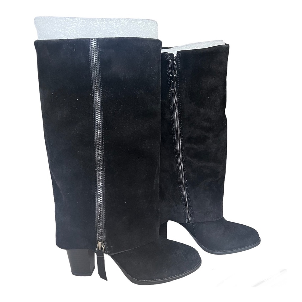 INC International Concepts Johannan Tall Cuff Block Heel Black Suede Boots 6